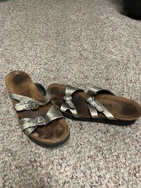 Naot Metallic Champagne Slide Sandals with Decorative Diamond Buckles